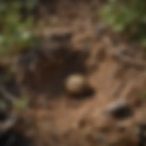 A close-up of a ground bee nest in the soil, highlighting its natural habitat