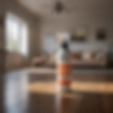 A homeowner applying flea spray in a living room