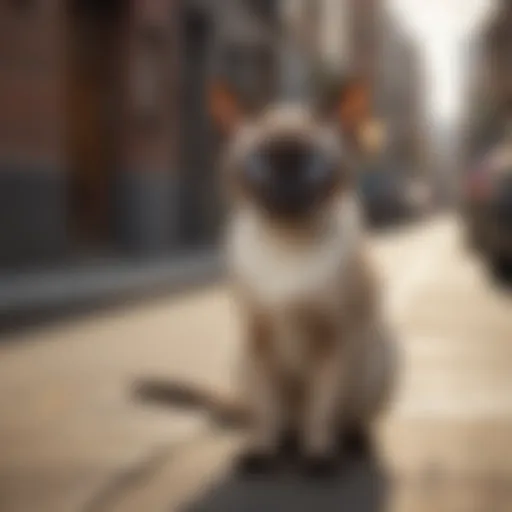 A sleek Siamese cat poised and alert, ready to hunt in an urban environment.