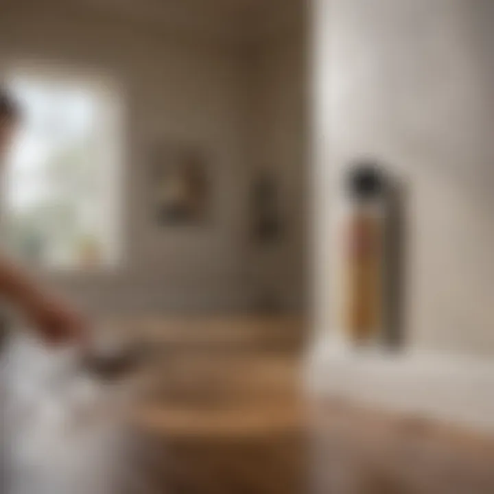 A person applying bug spray in a corner of a room to repel spiders