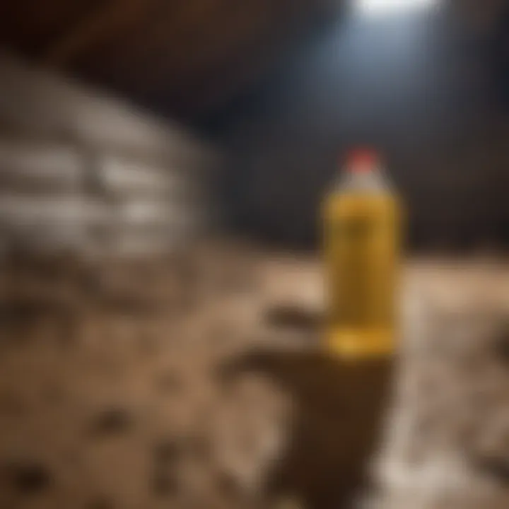 Application of insecticide in a crawl space environment.