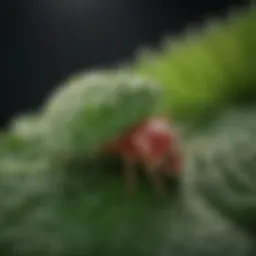 Close-up view of clover mites on a leaf