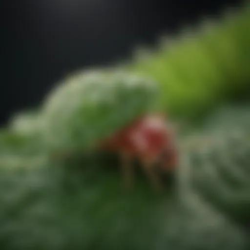 Close-up view of clover mites on a leaf