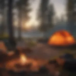 A serene camping site surrounded by nature, showcasing a tent and a campfire.