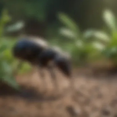 Applying ant spray in the garden