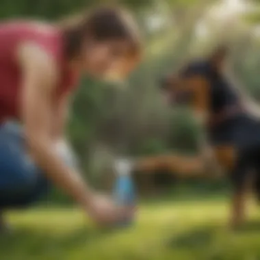 Close-up of a pet owner applying chigger spray while ensuring dog safety