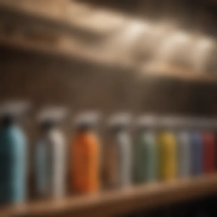 A variety of mosquito fogger sprays lined up on a shelf