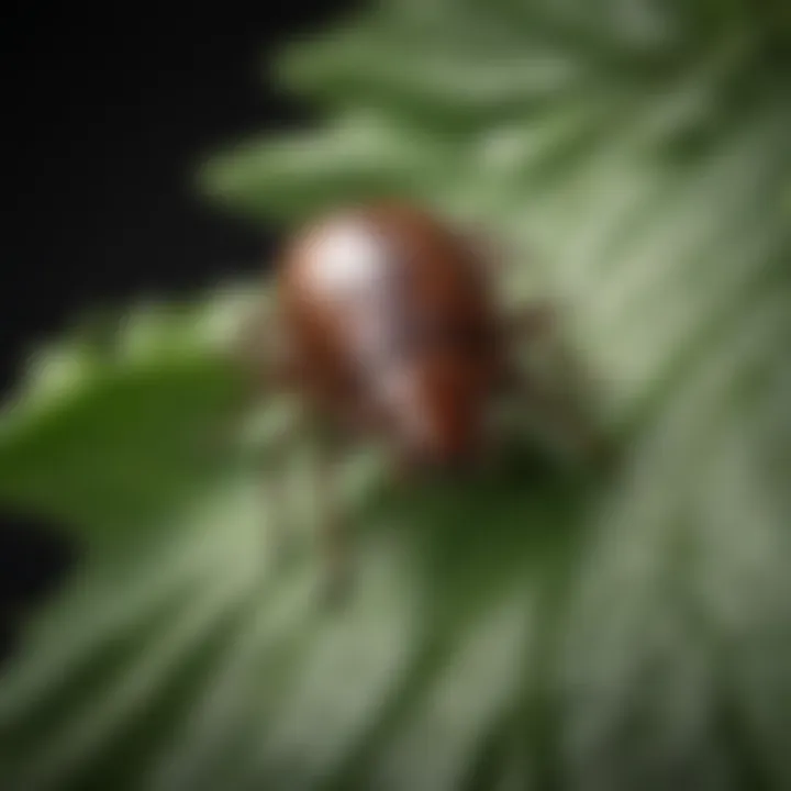 Close-up of a tick on a leaf, highlighting its natural habitat.