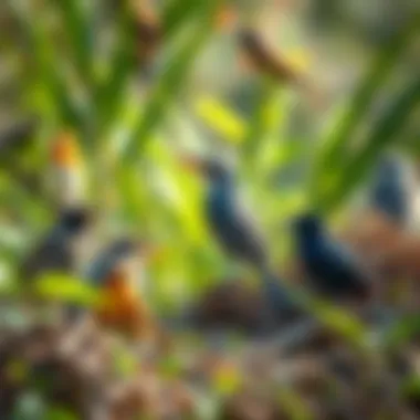 A serene landscape showcasing various bird species in their natural habitat, symbolizing ecological balance.