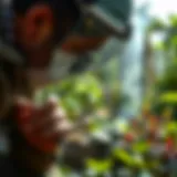 Close-up view of a pest control technician examining a garden for infestations