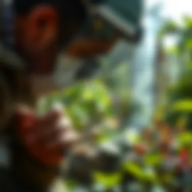 Close-up view of a pest control technician examining a garden for infestations