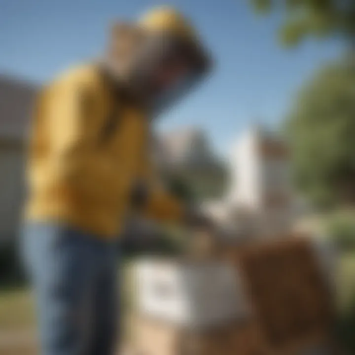 Bee removal professional assessing a hive in a residential area