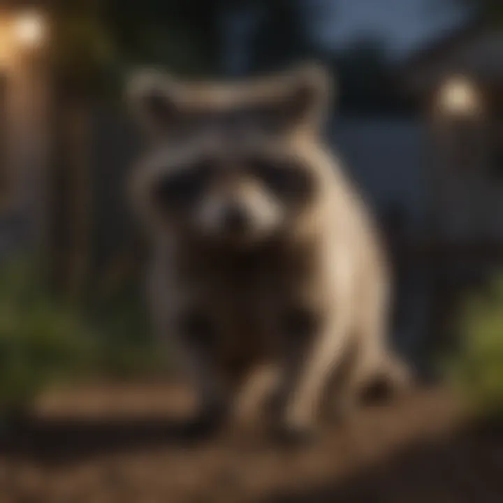 A raccoon navigating through a backyard at night