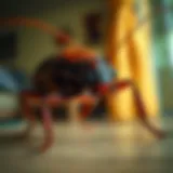 Close-up view of a large cockroach in a residential setting