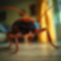 Close-up view of a large cockroach in a residential setting
