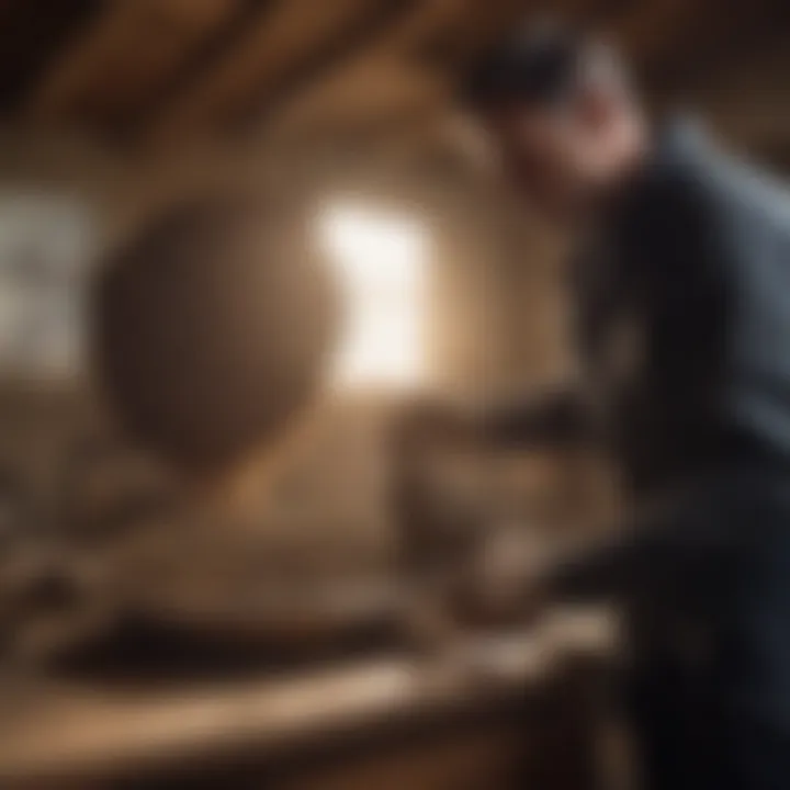 Professional pest control technician removing a wasp nest