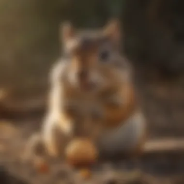 Close-up of chipmunk inspecting bait