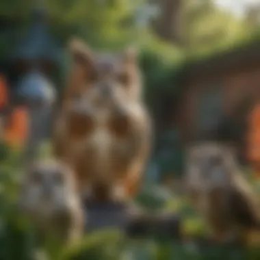 Garden with Multiple Fake Owls A garden with multiple fake owls strategically placed