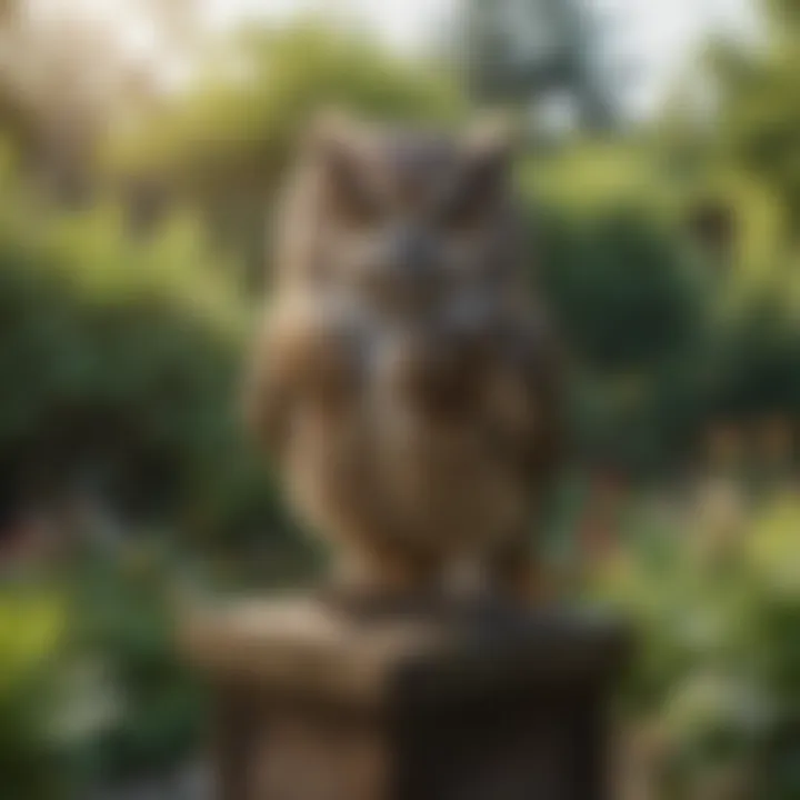 A lifelike fake owl perched in a garden