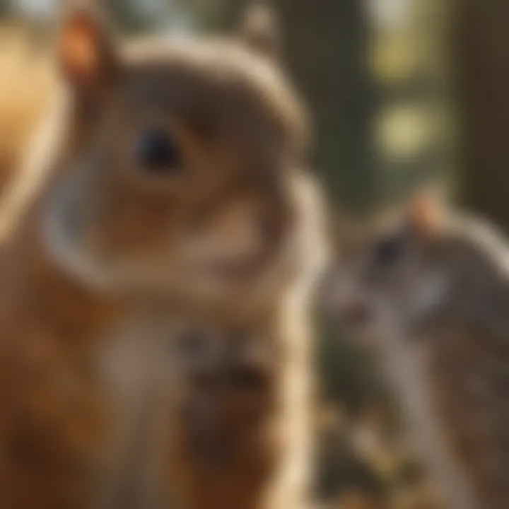 Close-up of a squirrel investigating a fake owl