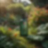 A vibrant garden with various plants and a bug spray bottle