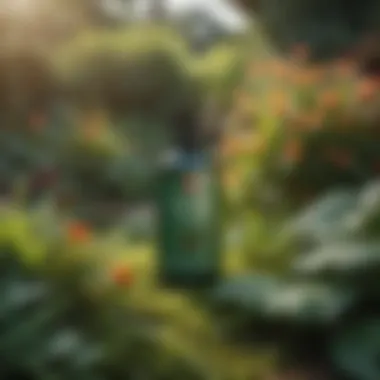 Effective Pest Control in a Lush Garden A vibrant garden with various plants and a bug spray bottle