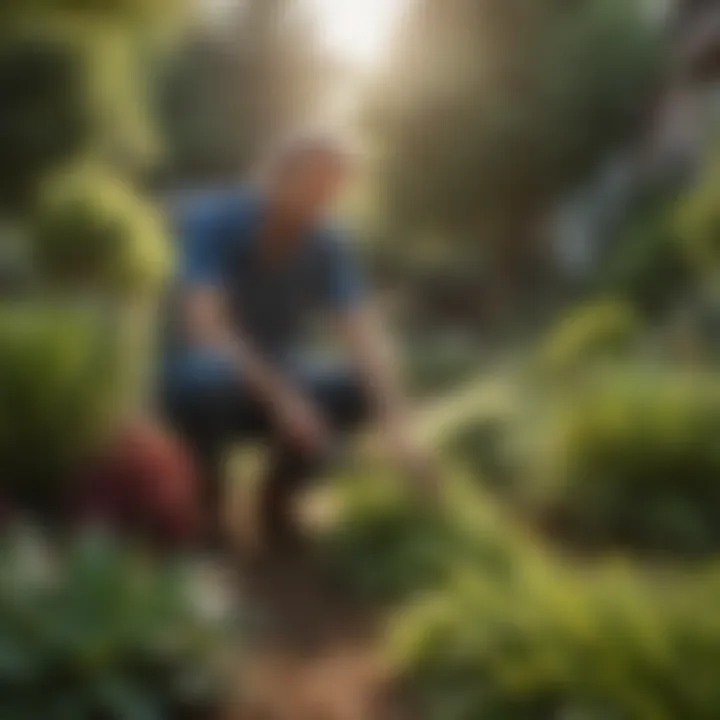A homeowner inspecting plants for pests in a sunny yard