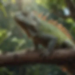 A vibrant iguana perched on a tree branch
