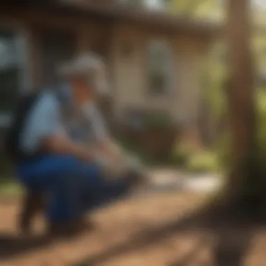 A professional pest control technician at work in a residential setting.