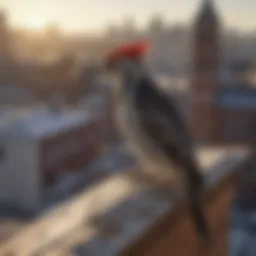 Woodpecker perched on a rooftop, showcasing its behavior