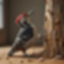 A woodpecker pecking on a wooden surface, demonstrating potential property damage.