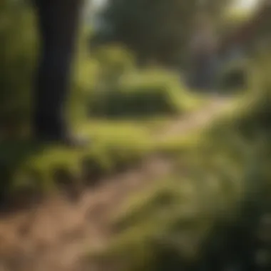 Person inspecting yard for ticks with focus on vegetation