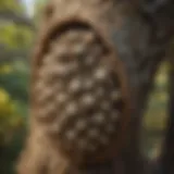 Close-up view of a wasp nest in a tree branch