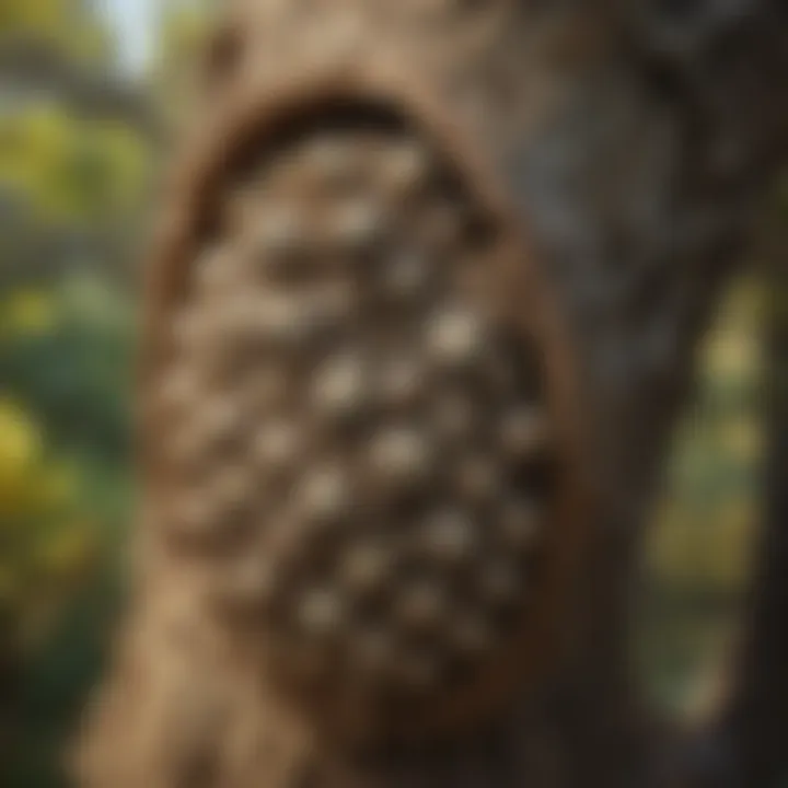 Close-up view of a wasp nest in a tree branch