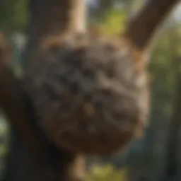 Close-up of a wasp nest hanging from a tree branch
