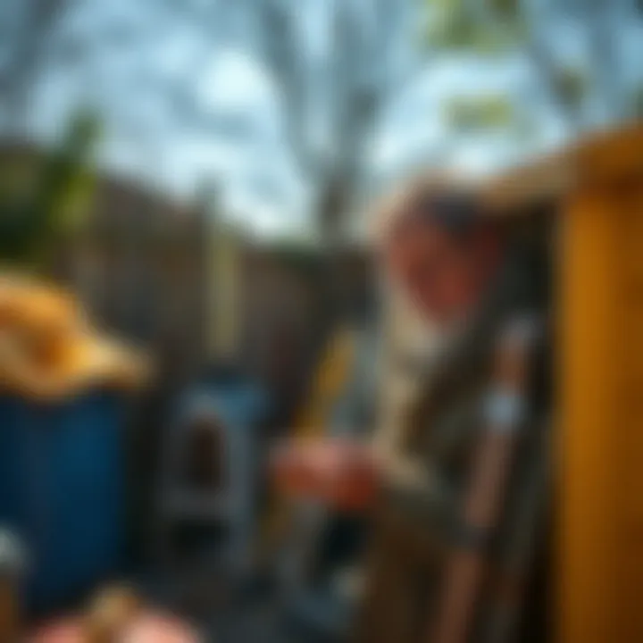 A homeowner inspecting outdoor storage for rodent-proofing