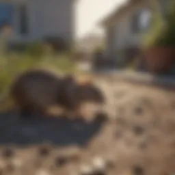 A close-up of rat droppings near a house foundation, indicating signs of infestation.