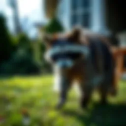 Raccoon exploring a backyard