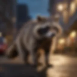 A raccoon startled by bright lights