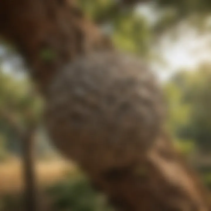 Close-up of a wasp nest hanging from a tree branch