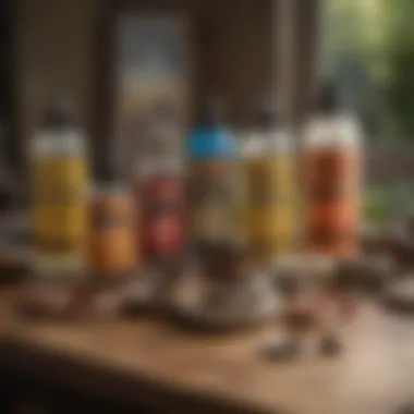 A variety of snake repellent products displayed on a table