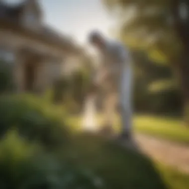 A person applying Vets Best Flea and Tick Spray in their yard with a sprayer.