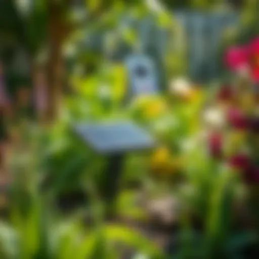 Solar sonic gopher repeller in a lush garden setting