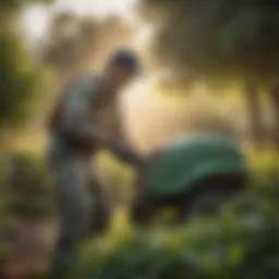 A close-up view of a pest control technician applying eco-friendly pesticide in a garden.