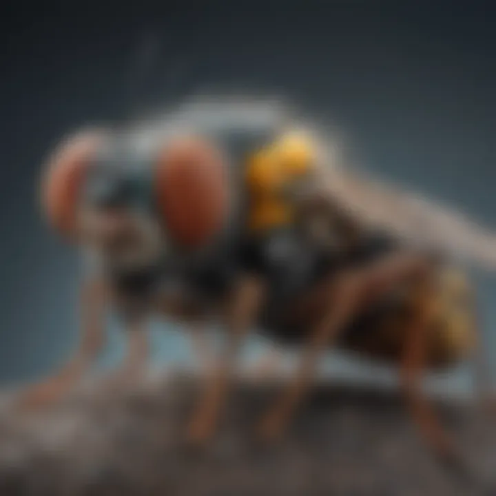 A detailed view of a fly catcher insect with striking colors