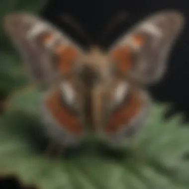 Moth on Leaf Detailed shot of a moth resting on a leaf, highlighting its unique textures and coloration