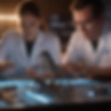 Researching the Enigmatic Glow of Scorpions Entomologists studying glowing scorpions in a laboratory setting