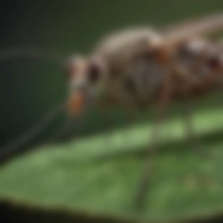 A close-up view of a mosquito perched on a leaf