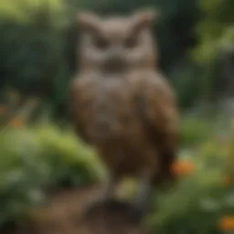 A beautifully crafted owl scarecrow positioned in a lush garden, showcasing its design.