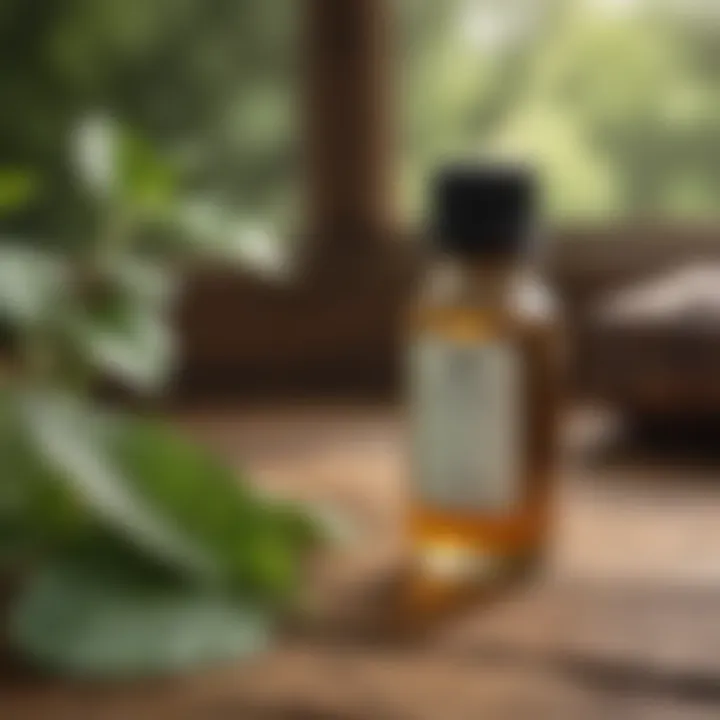 A bottle of 100% peppermint oil placed on a wooden surface with a natural backdrop